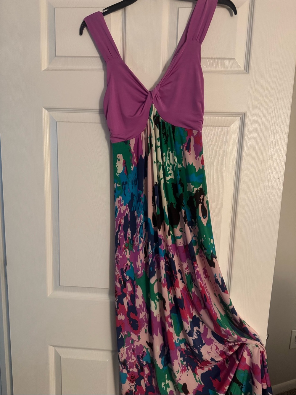 Twist-Front Purple Bodice Multicolor Print Maxi Dress